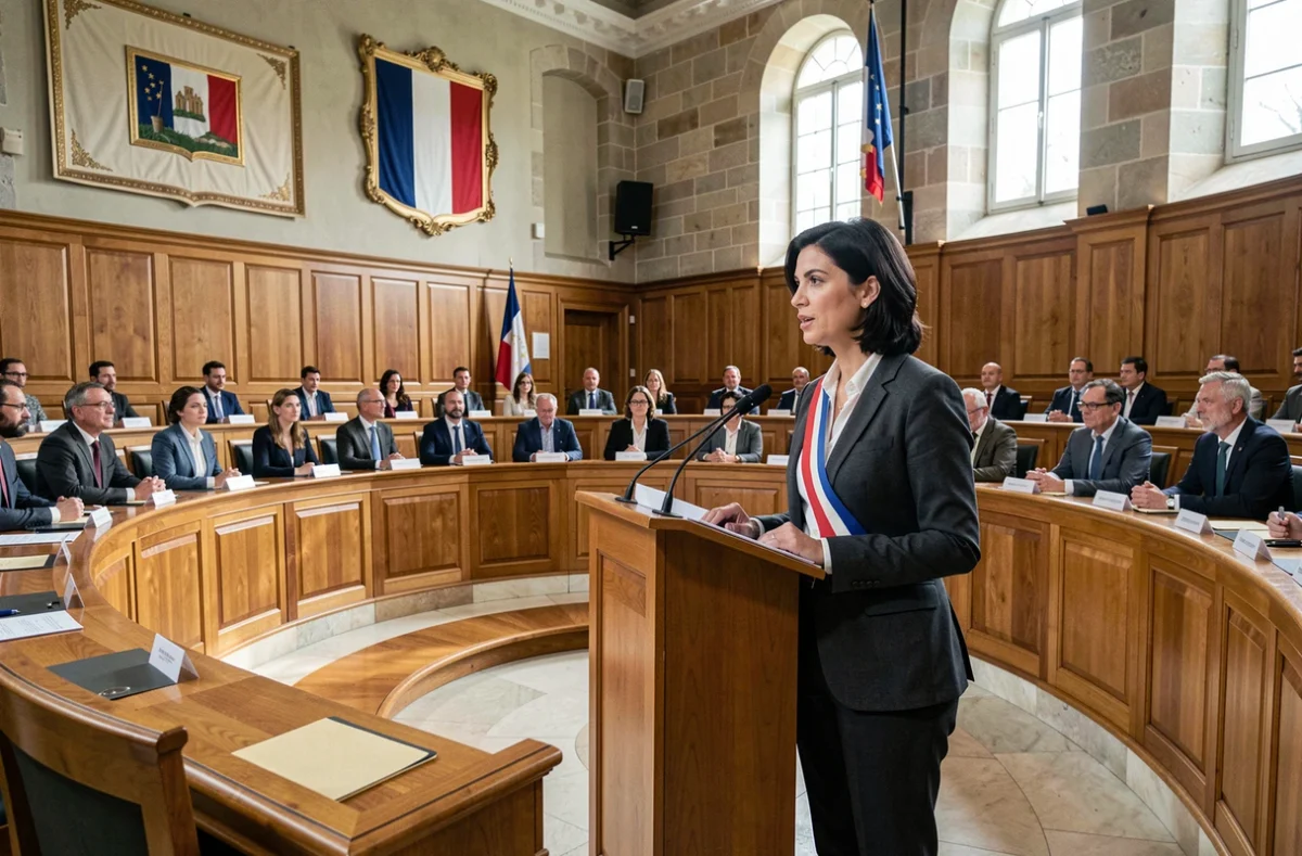 Adjointe au maire en écharpe tricolore prenant la parole au conseil municipal dans une salle de délibération officielle