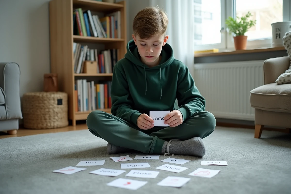 Adolescent étudiant l'orthographe française avec des fiches mémo éparpillées sur le sol de sa chambre