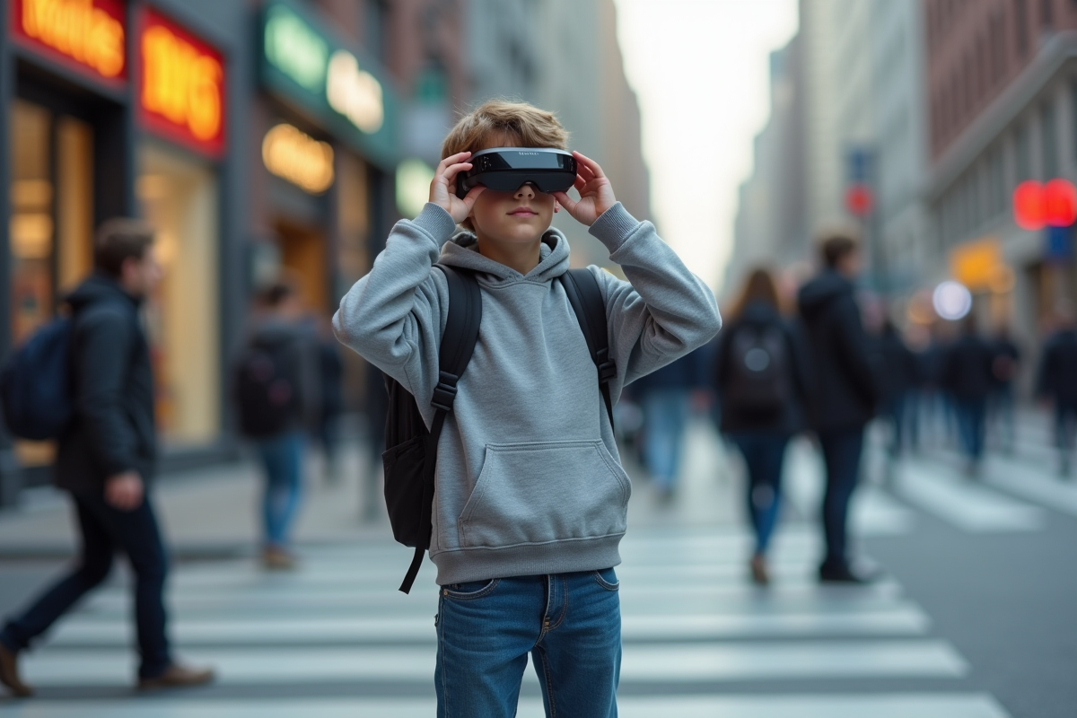 Adolescent en hoodie ajustant ses lunettes AR dans la rue animée
