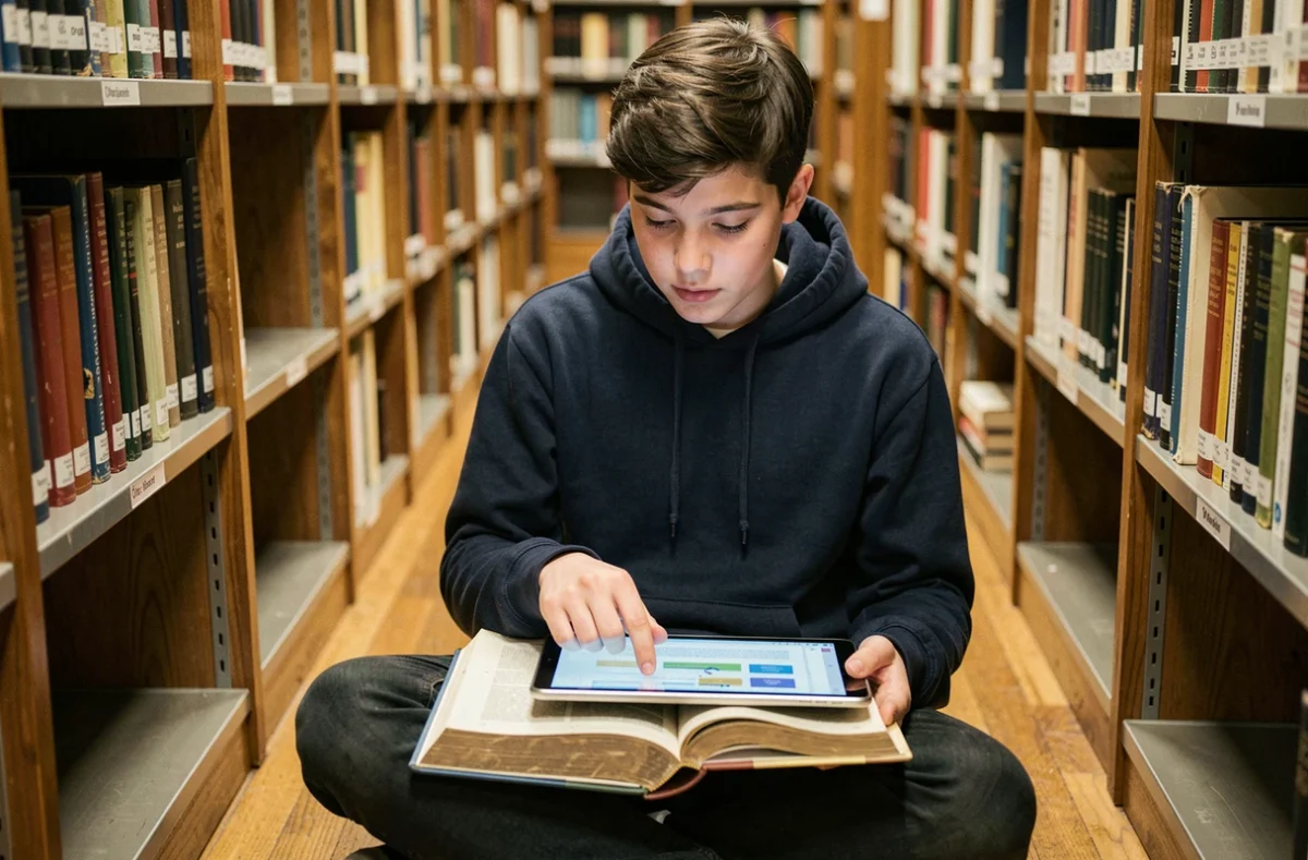 Adolescent comparant une encyclopédie imprimée et un wiki collaboratif sur tablette dans une bibliothèque publique