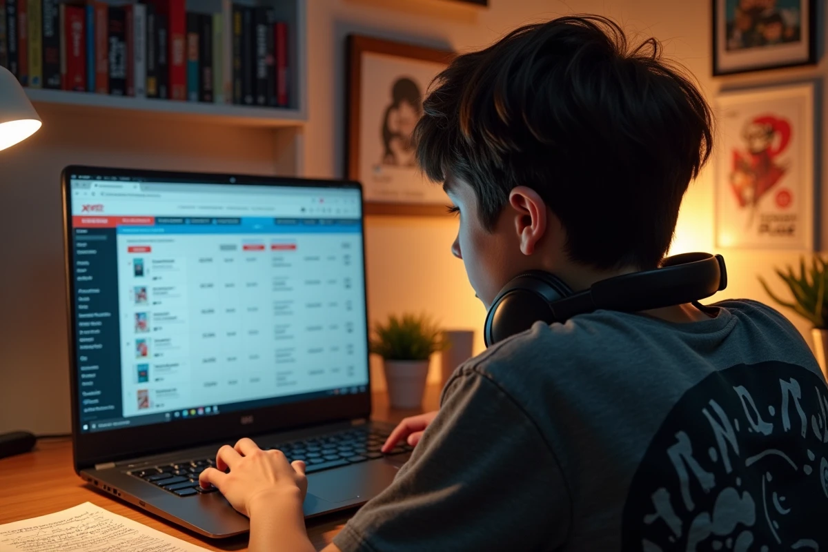 Adolescent consultant un site de suivi de séries manga sur son ordinateur portable dans sa chambre