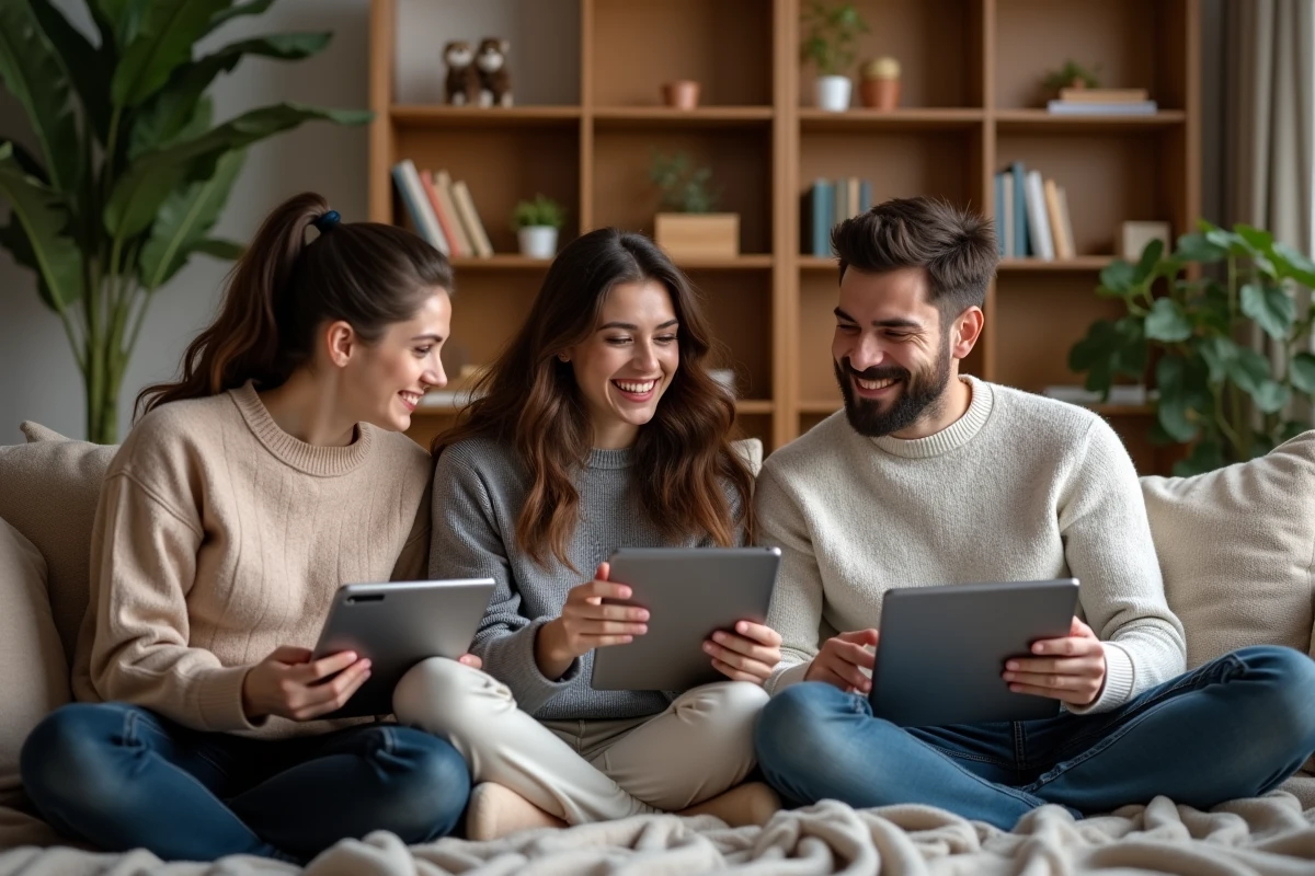 Trois personnes jouant à un jeu en réalité augmentée à la maison