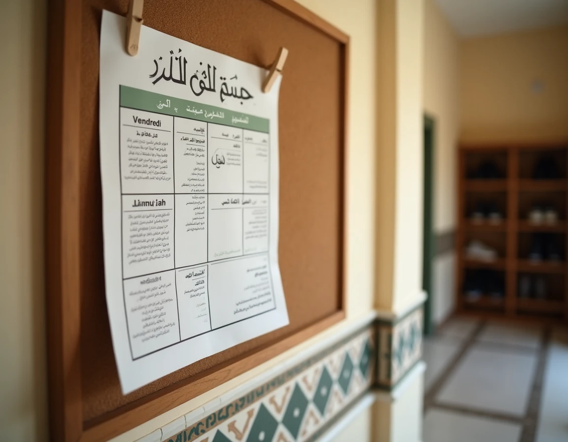Affiche des horaires de prière du vendredi dans une mosquée française avec heure de la khoutba