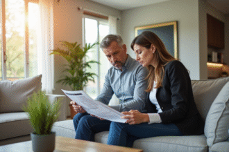 Agent immobilier et client examinant un rapport dans un salon lumineux