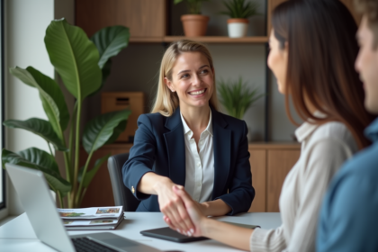 Agent immobilier souriante serre la main d'un couple dans un bureau