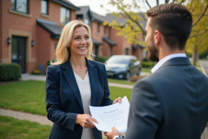 Agent immobilier saluant un couple devant une maison moderne