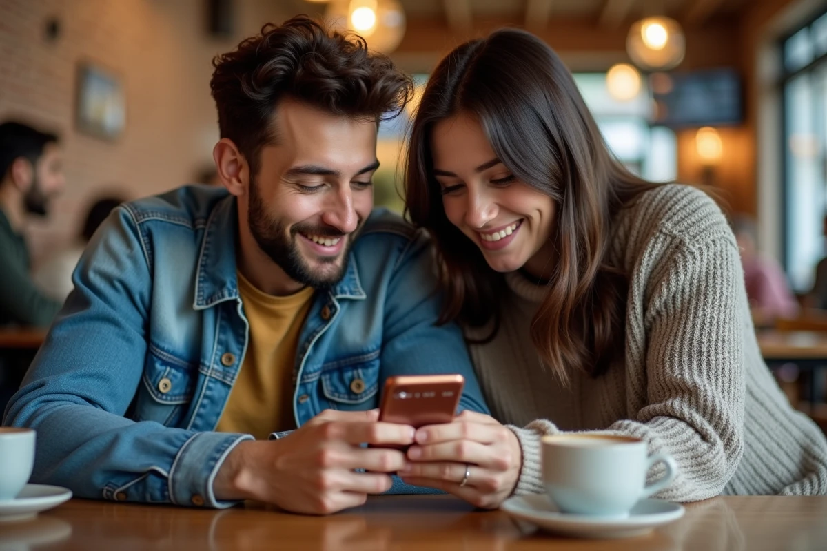 Deux amis consultant une application de suivi de manga sur smartphone dans un café