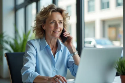 Femme utilisant son smartphone pour appeler un service client en Belgique depuis un bureau moderne