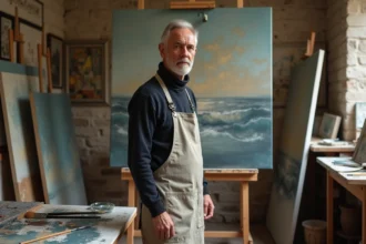 Artiste peintre dans son atelier entouré de toiles du XXe siècle évoquant l'univers de Jean Bille