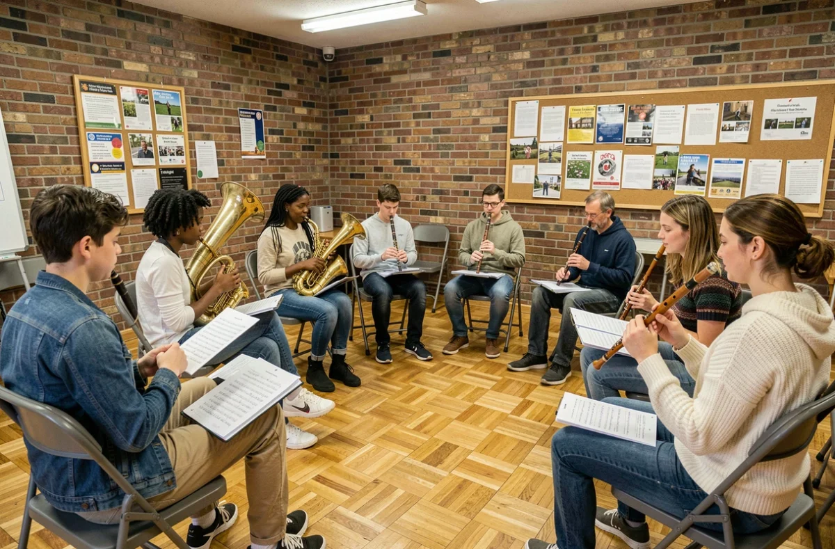 Atelier de musique traditionnelle bretonne réunissant des participants de toutes origines dans une salle communautaire