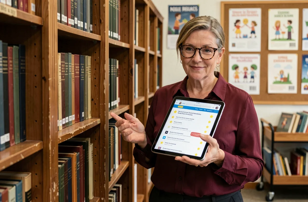 Bibliothécaire scolaire présentant la liste des étoiles de francelecture.net sur une tablette numérique