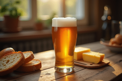 Verre de bière belge dorée avec mousse sur table en bois