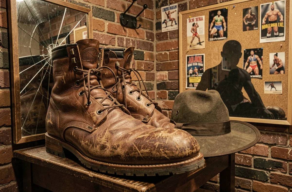 Accessoires de catcheur géant — bottes et chapeau surdimensionnés dans une loge, évoquant la légende d'André le Géant