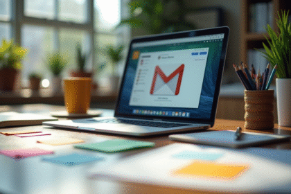 Bureau moderne avec ordinateur affichant la boîte mail AOL