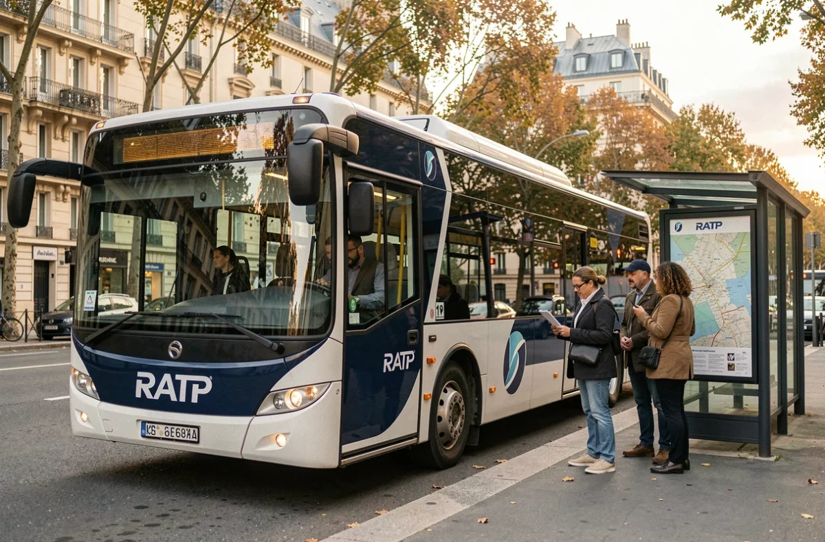 Bus RATP arrêté à un arrêt parisien avec logo et livrée officielle visibles, passagers sur le trottoir