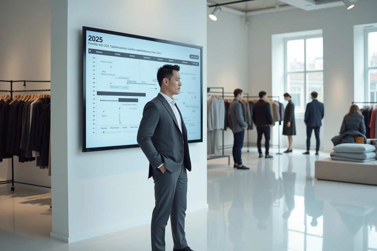 Responsable retail masculin devant un écran affichant le calendrier de maintenance et les nouveautés habillement 2026 en showroom