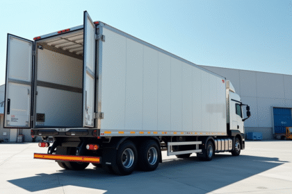 Camion frigorifique propre dans un yard industriel ensoleille
