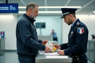 Voyageur présentant une cartouche de cigarettes WINSTON à un agent des douanes à un poste frontière luxembourgeois