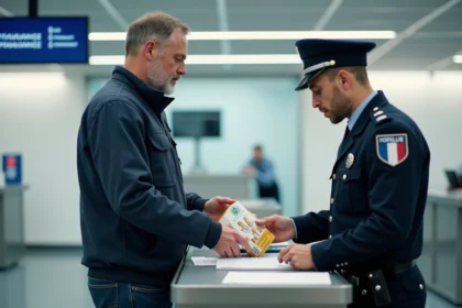 Voyageur présentant une cartouche de cigarettes WINSTON à un agent des douanes à un poste frontière luxembourgeois