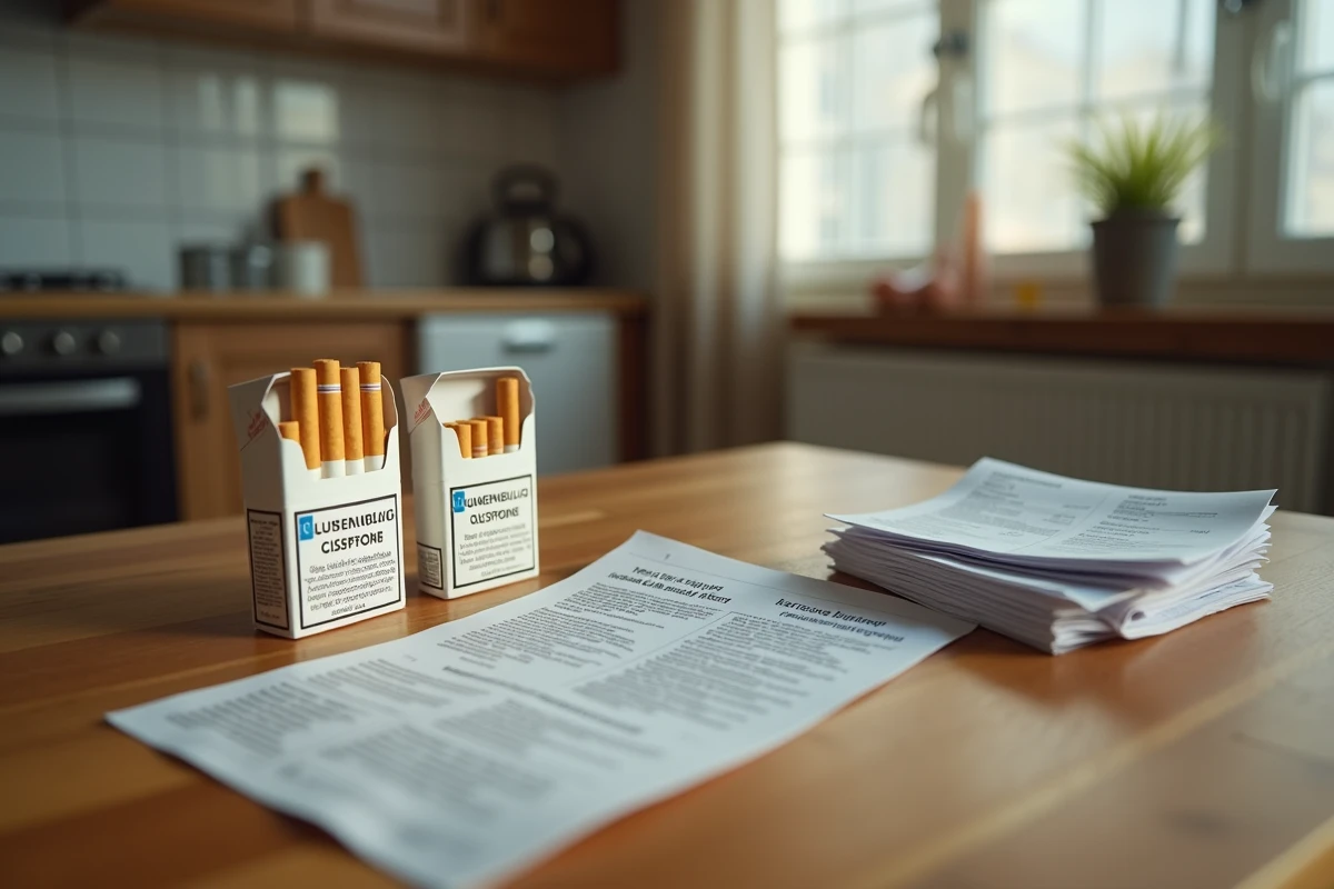 Cartouches de cigarettes et brochure réglementaire des douanes luxembourgeoises posées sur une table en bois