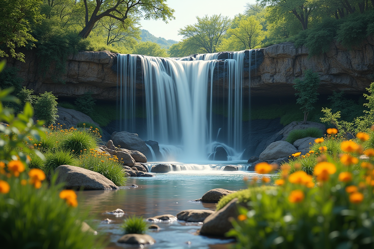 Cascade cristalline dans le Serengeti avec végétation