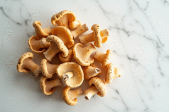 Champignons chanterelle frais sur plan de travail blanc