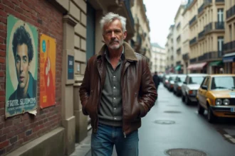 Chanteur français vintage dans une rue parisienne nostalgique