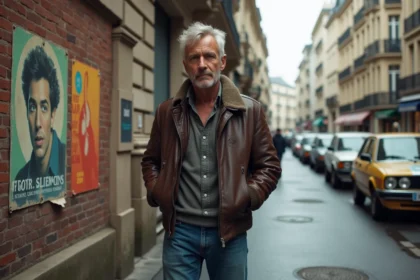Chanteur français vintage dans une rue parisienne nostalgique