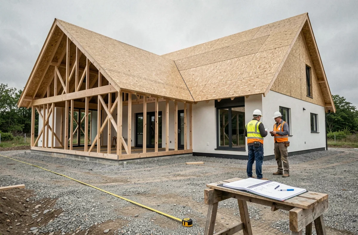 Charpente de maison en construction montrant deux pentes de toiture différentes avec matériel de calcul au sol