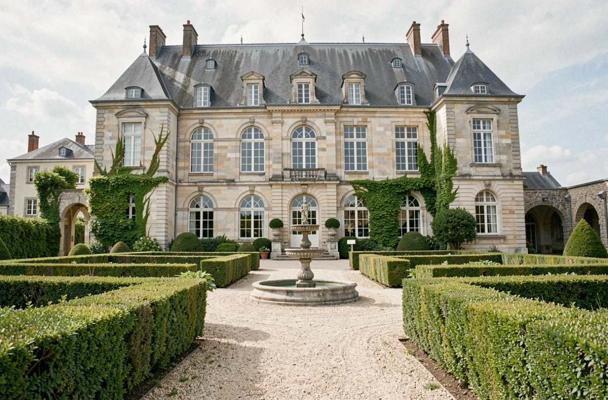 Façade classique du Château d'Avelin entourée de jardins à la française et d'une cour en gravier