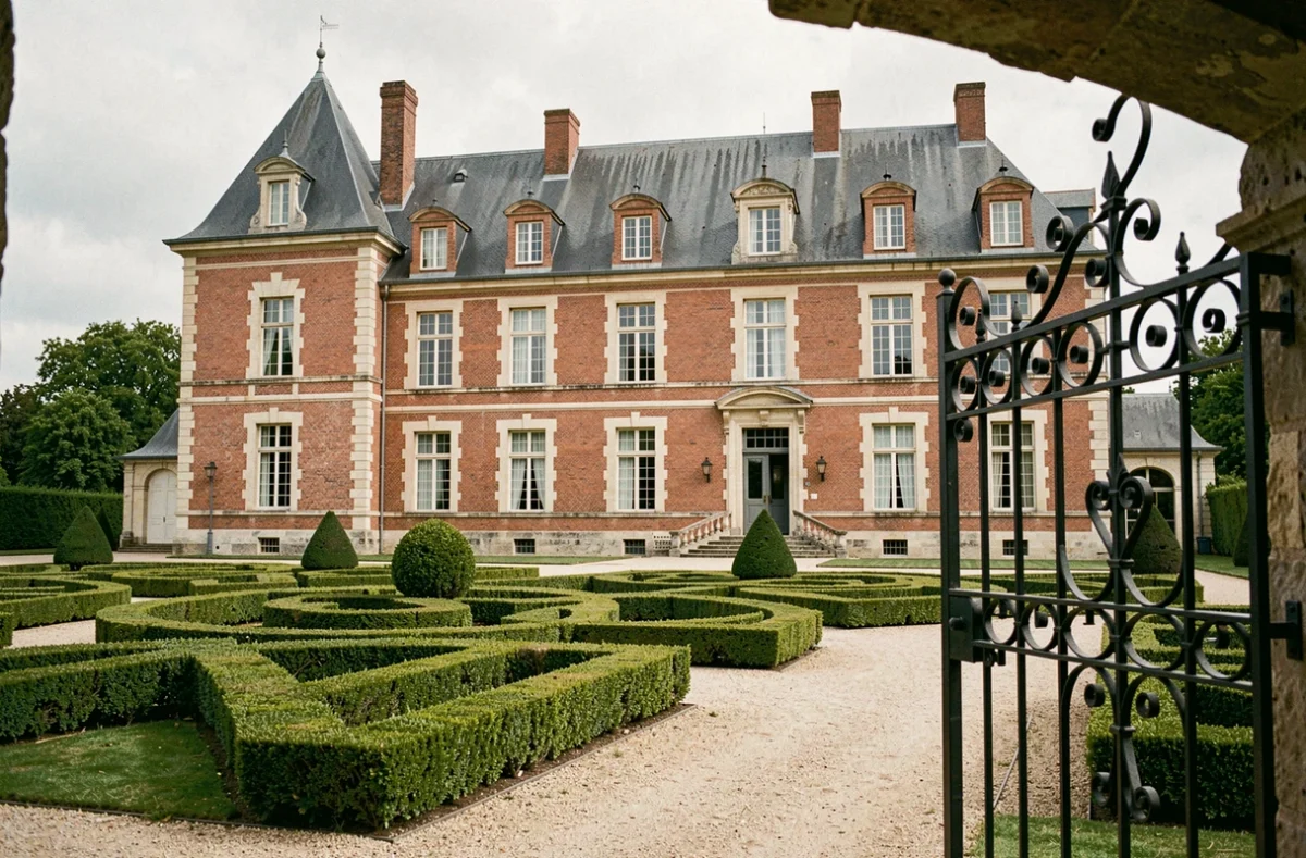 Façade en brique rouge du Château de Prémesques avec jardins à la française et portail en fer forgé