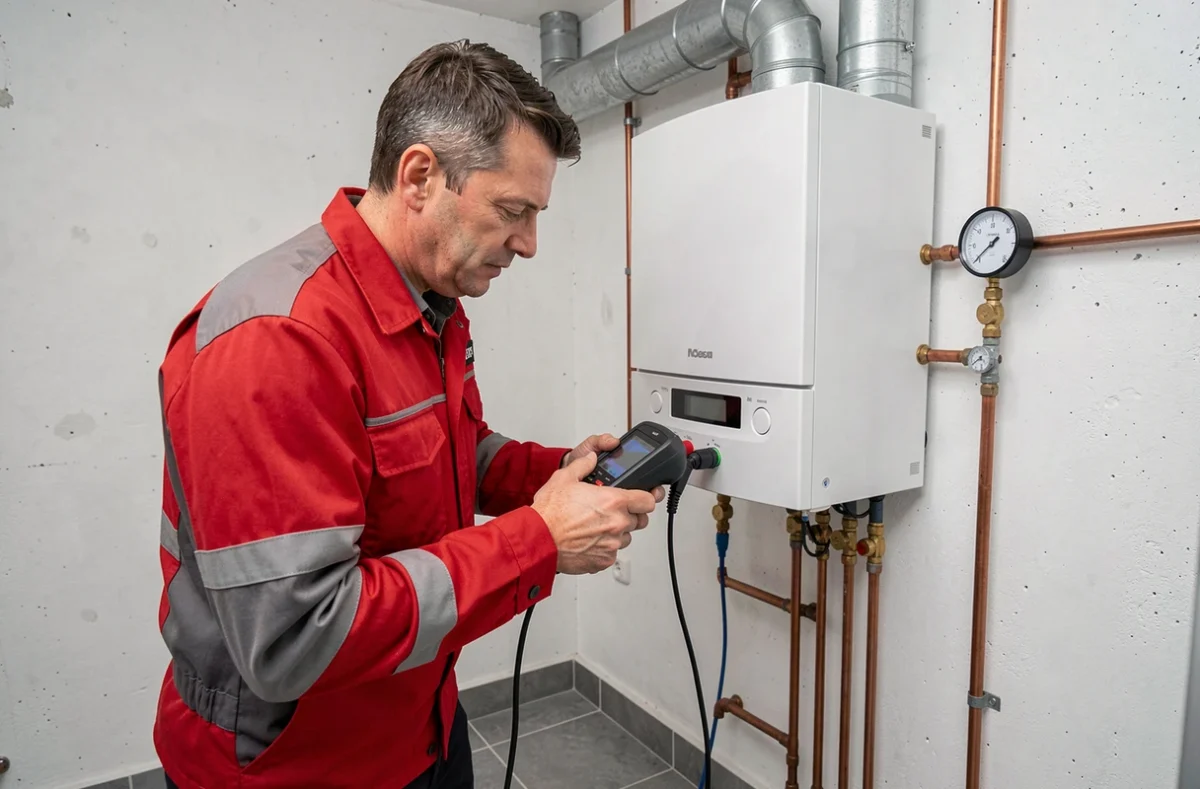 Technicien de Chauffages Et Fermetures De L'Est CFE inspectant une chaudière murale à gaz avec un outil de diagnostic numérique dans une chaufferie mosellane