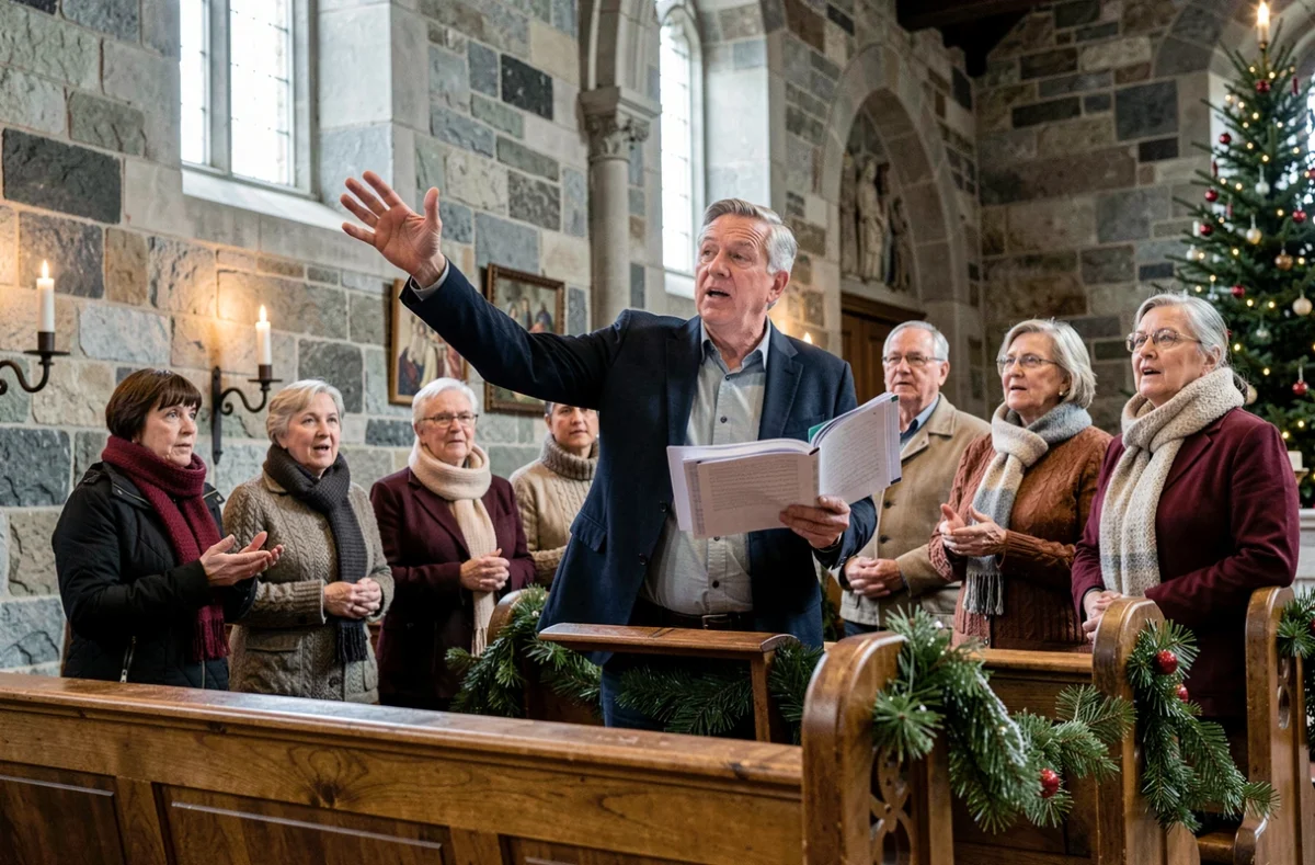 Chef de chœur dirigeant une répétition de chants de Noël dans une église de village décorée pour l'hiver