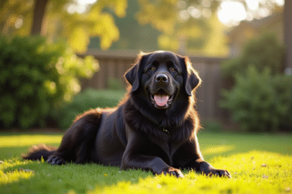 Chien Newfoundland assis dans un jardin ensoleille avec famille