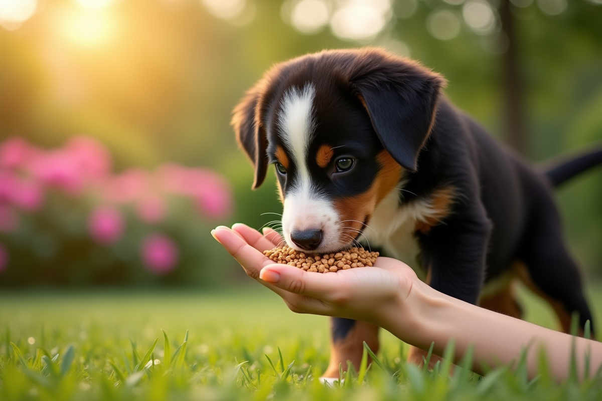 Chiot bernois reniflant des croquettes en extérieur