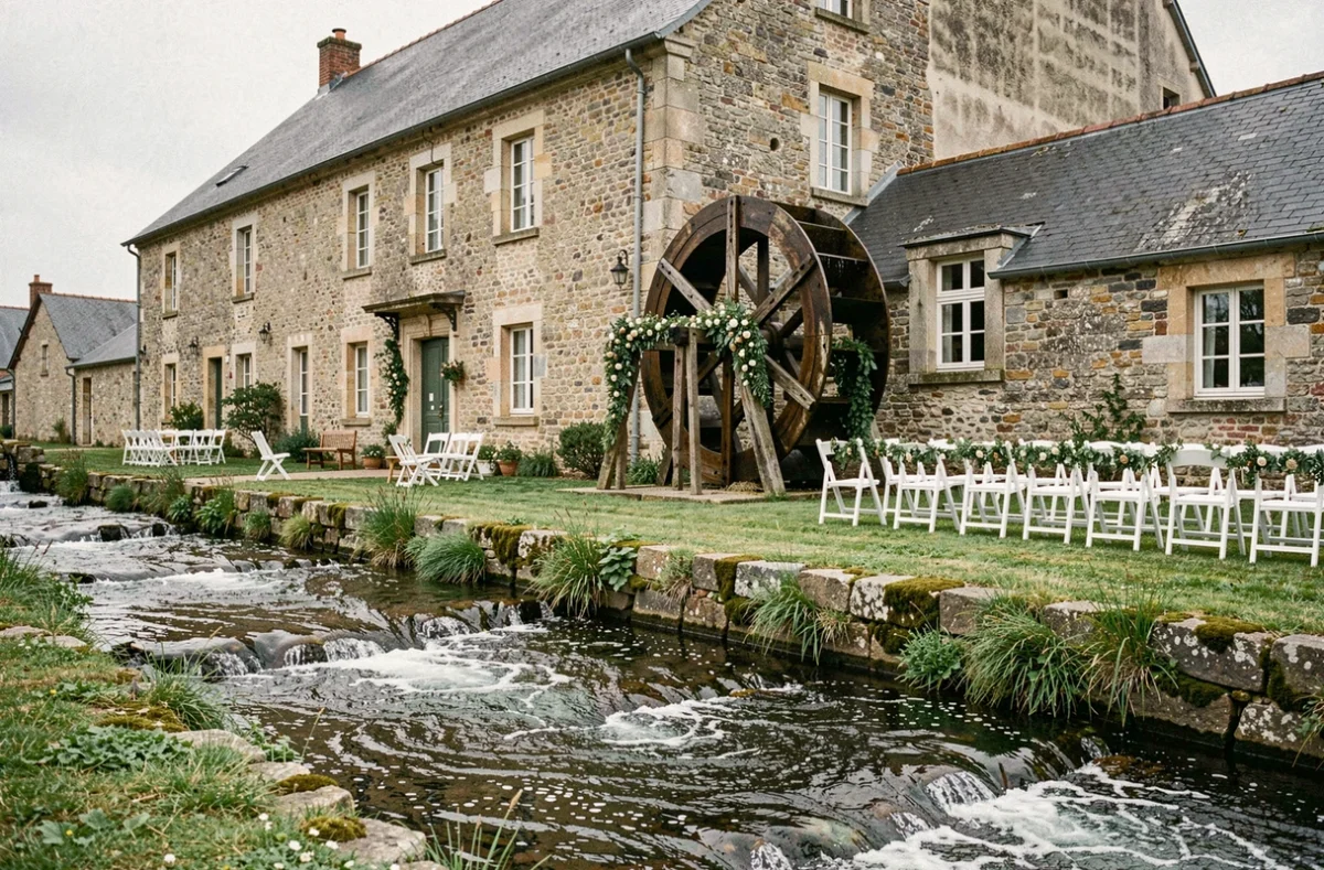 Moulin en pierre de La Claire Fontaine avec roue à eau et décoration florale en bord de ruisseau pour une réception