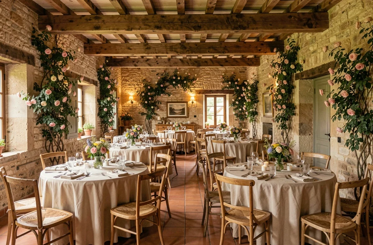 Salle de réception champêtre du Clos de la Source avec murs en pierre apparente, poutres bois et décoration florale naturelle