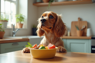 Cocker spaniel assis à la table cuisine regardant son bol