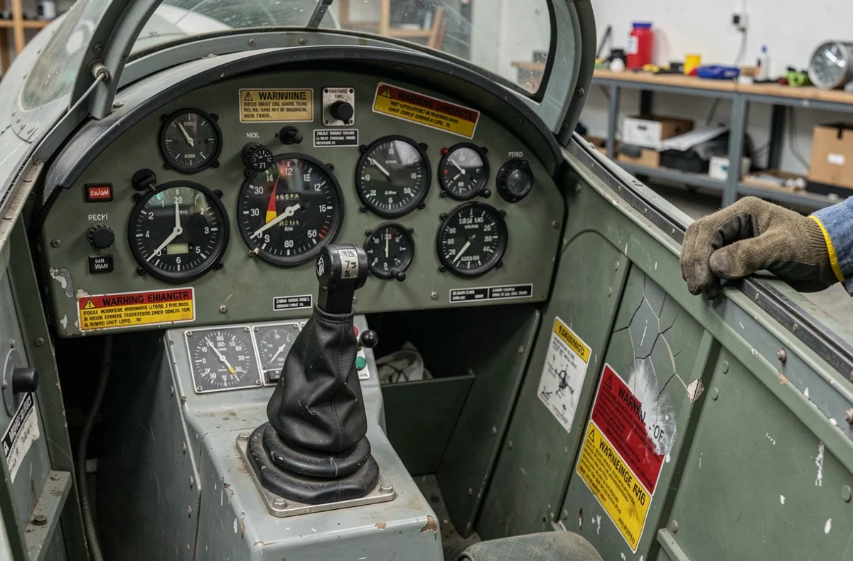 Intérieur du cockpit d'un F-4 Phantom II en cours de restauration, gros plan sur le tableau de bord aux instruments analogiques usés et les consoles latérales d'époque