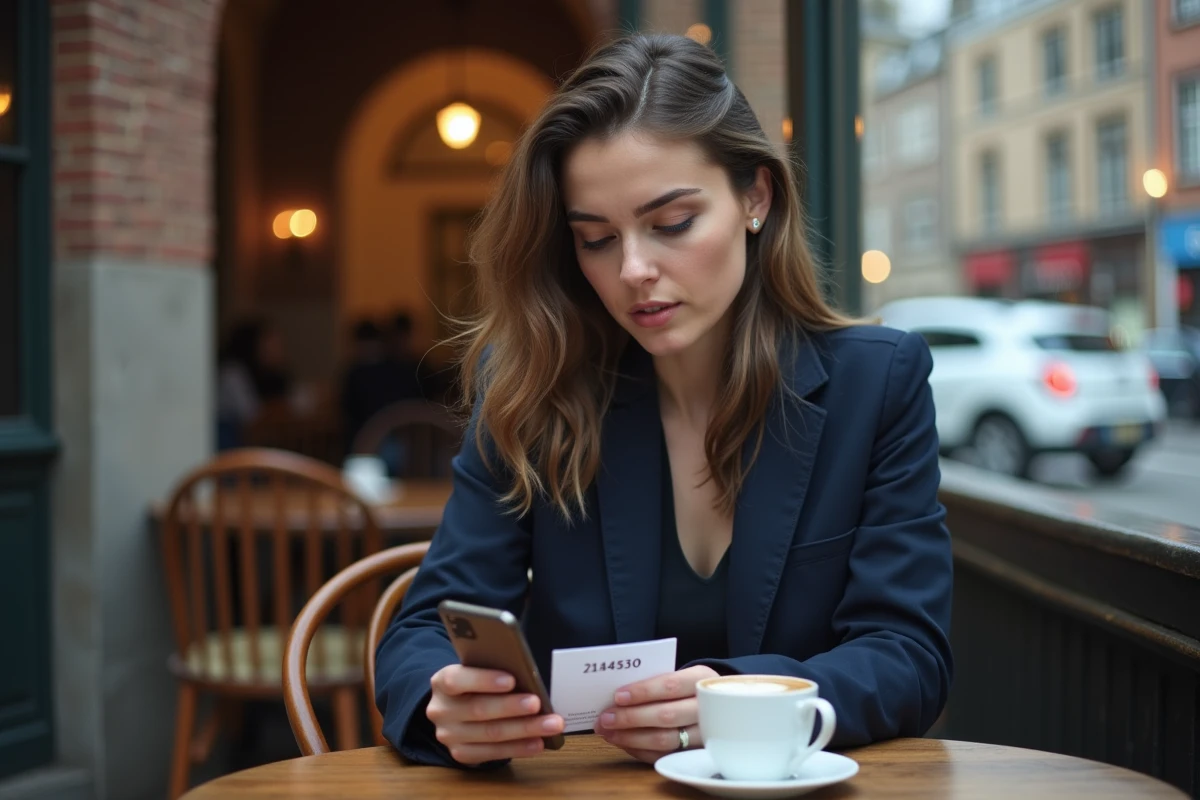Jeune professionnelle consultant un code international belge +32 dans un café pour joindre un service client