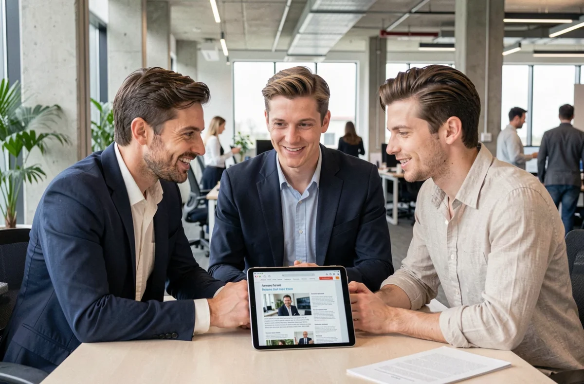 Groupe de collègues discutant des actualités Enkirama autour d'une tablette dans un open space moderne