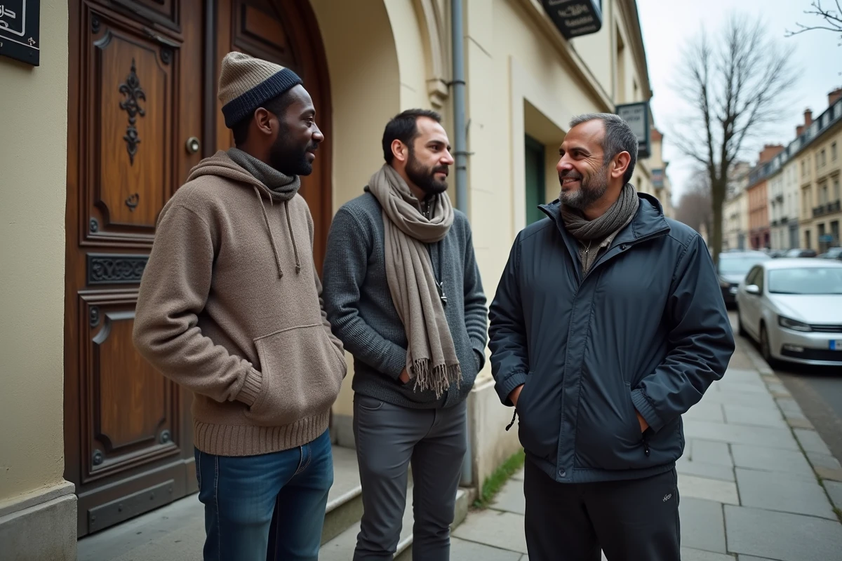 Groupe d'hommes discutant sur le parvis d'une mosquée de Bezons après la prière du Maghrib pendant le Ramadan 2026