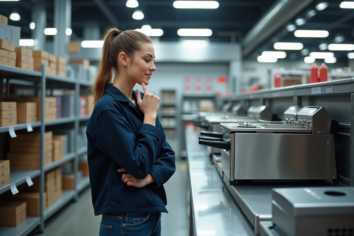 Jeune femme comparant des friteuses professionnelles dans un magasin d'équipement pour restauration