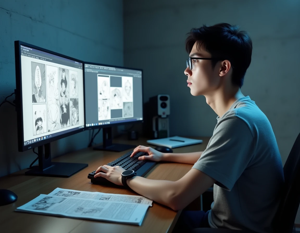 Homme comparant des scans de manga en ligne et des chapitres imprimés sur un bureau high-tech