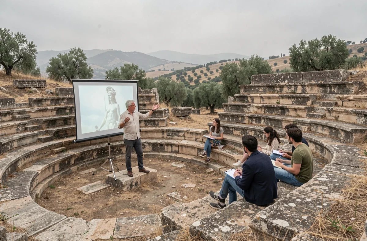 Conférence en plein air sur la sagesse d'Athéna dans un amphithéâtre grec antique
