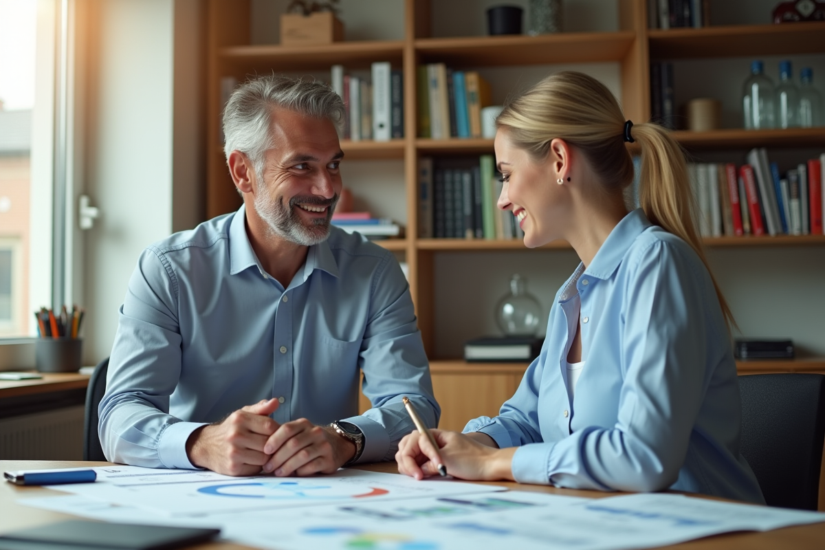 Conseiller immobilier discutant de stratégies fiscales avec un client dans un bureau moderne