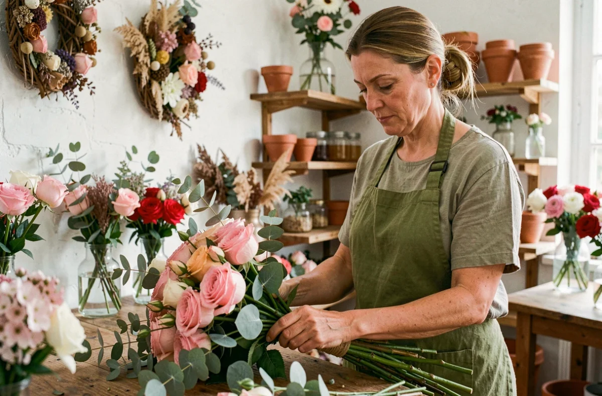 Fleuriste artisane de Côté Fleuri à Pau arrangeant un bouquet de roses et d'eucalyptus dans sa boutique
