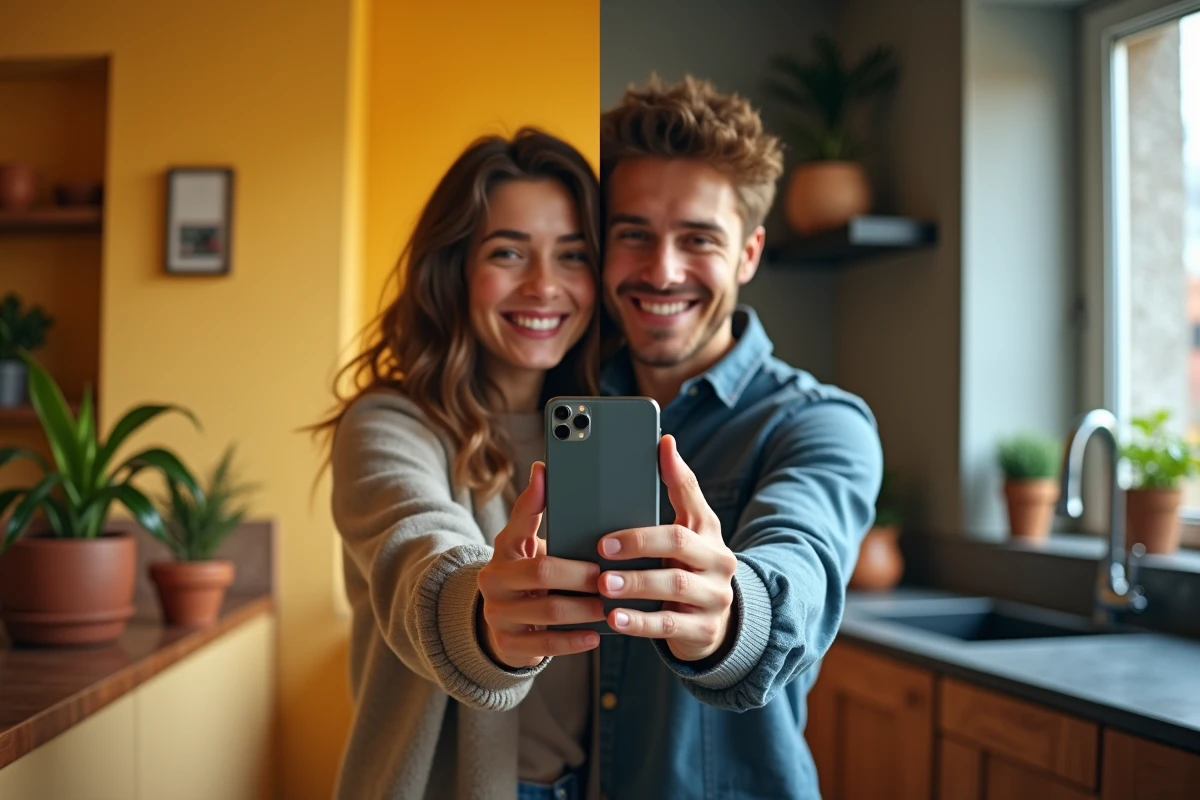 Diptyque d'un couple en relation à distance se souriant à travers leurs écrans depuis deux appartements différents en Europe