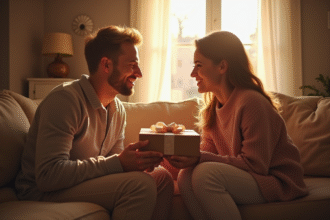 Couple échangeant des cadeaux dans un salon chaleureux