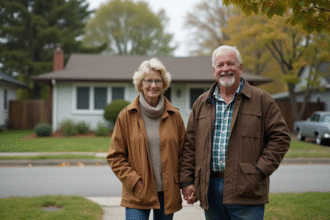 Couple canadien des années 1970 devant leur maison